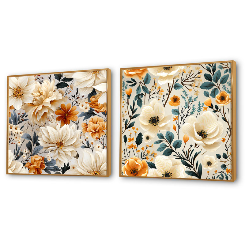Todmorden - Ensemble de 2 collages floraux carrés, Cadre flottant doré, H 30 po x l 61 po