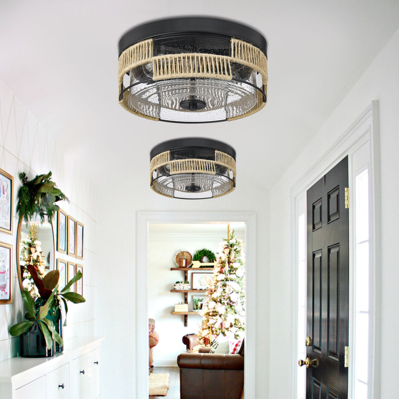 Industrial Ceiling Light Fixtures 2-light Ceiling Light Flush Mount With Seeded Glass Round Woven Hemp-rope Metal Frame