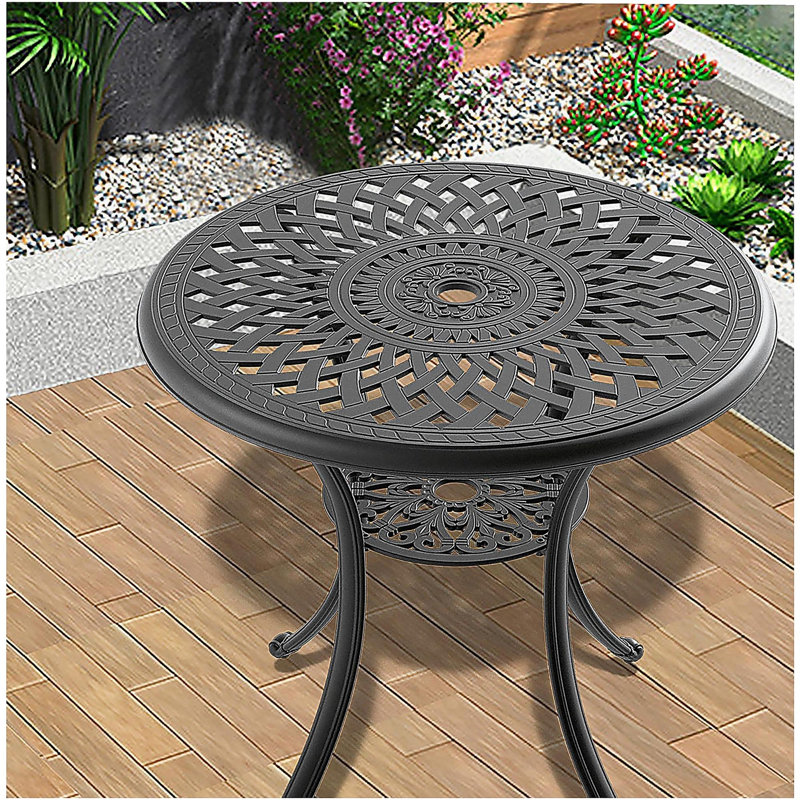 Table de salle à manger 30,71 pouces en fonte d'aluminium avec structure noire et trou pour parasol