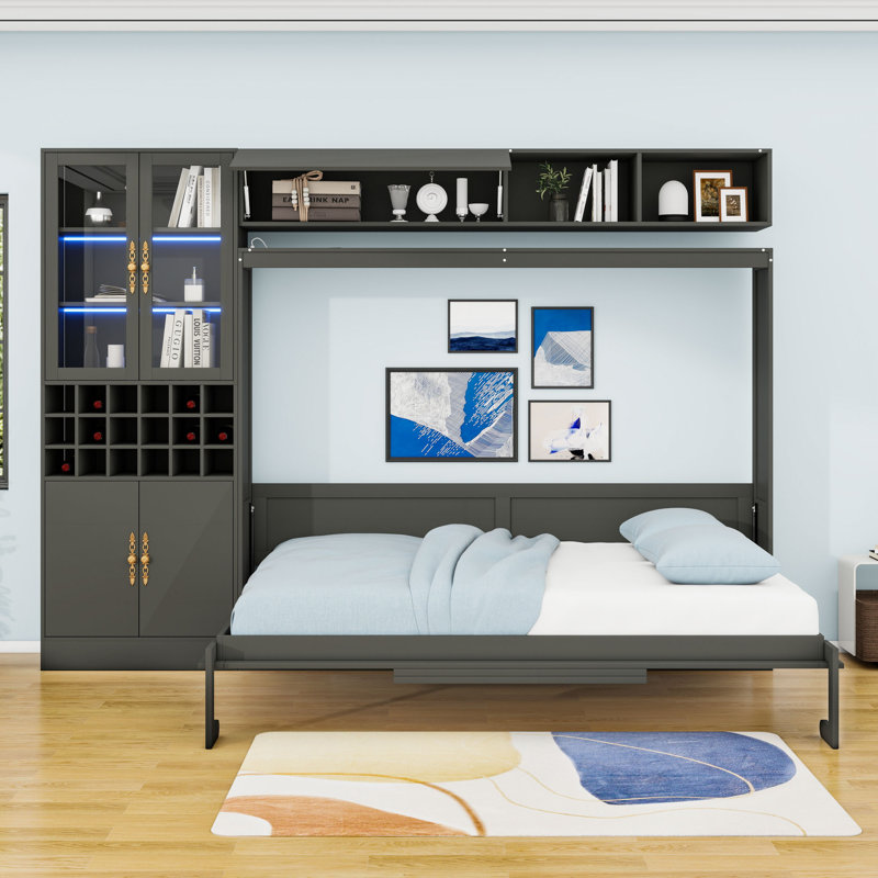 Lit escamotable avec canapé et USB, lumière Murphy, Gris, Grand lit