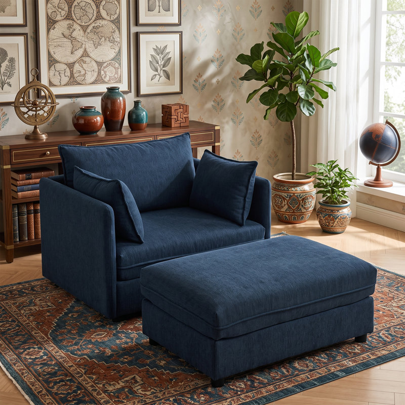 Chaise longue surdimensionnée en chenille avec repose-pieds, fauteuil de lecture moderne à assise profonde pour appartement, beige