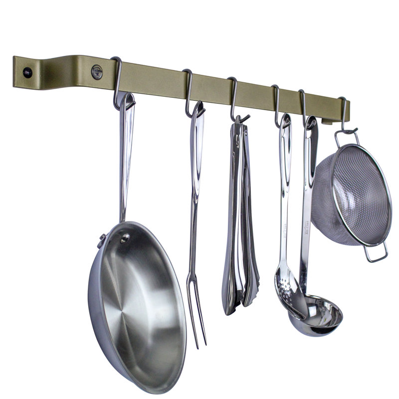 Handcrafted Wall Mounted Pot Rack, Brass, 3" H x 30" W x 3" D