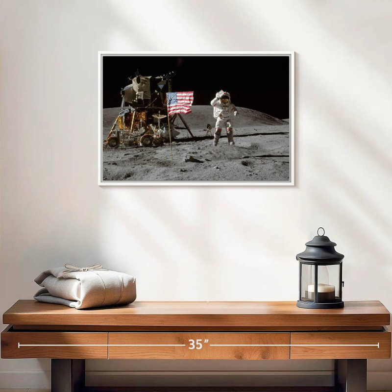 Homme sur la lune IV, 19 po x 13 po, Cadre flottant blanc
