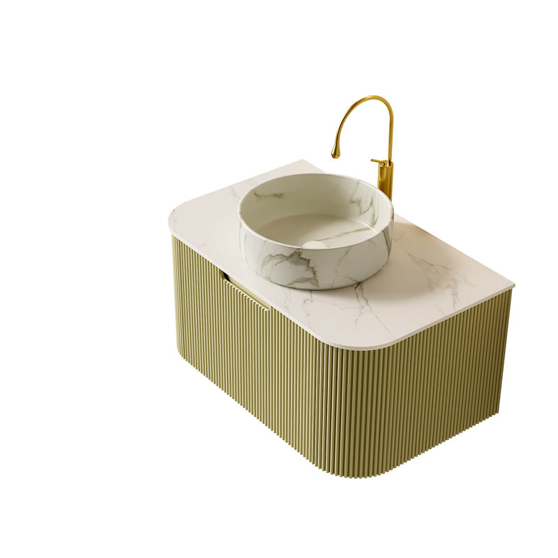 Meuble-lavabo flottant avec lavabo en céramique et plateau en pierre frittée, armoire en contreplaqué à rayures 3D vert clair, tiroir à fermeture en douceur, pré-assemblé pour une installation facile.