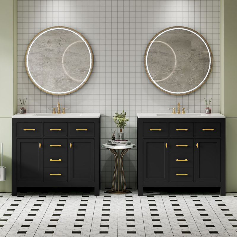  Meuble-lavabo autoportant de 72 pouces avec lavabo en céramique, armoire de rangement en bois massif avec tiroirs et portes, noir
