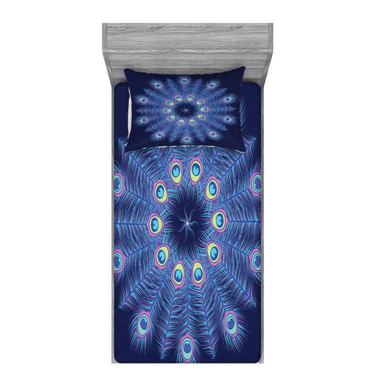 Ensemble de draps en micro-fibre, Mandala paon, Twin Sheet Set with Fitted Sheet