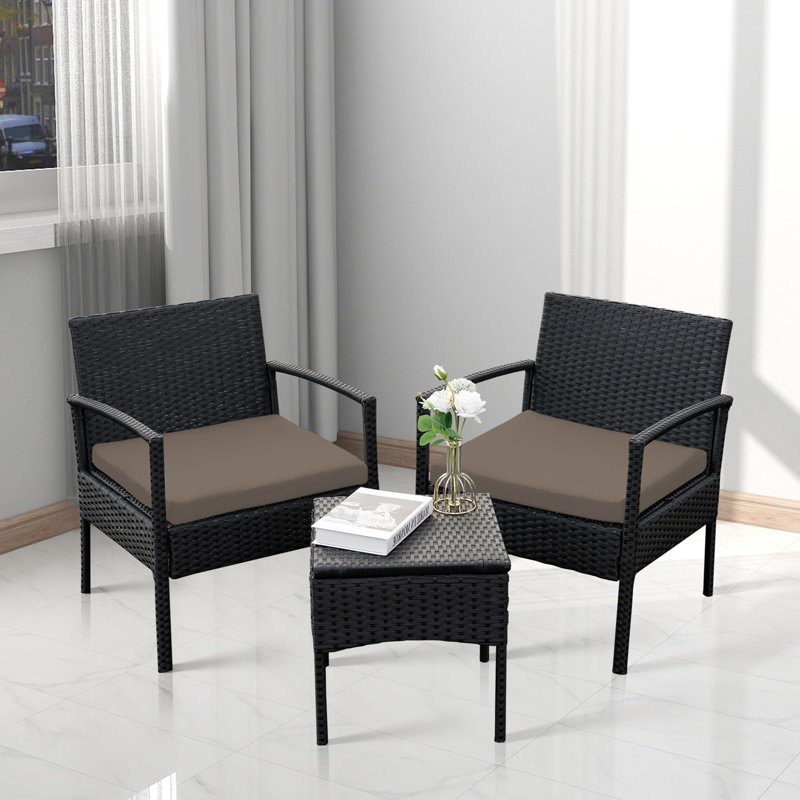 Adaleine 2-Person Patio Bistro Rattan Chair & Table Set with Cushions, Brown