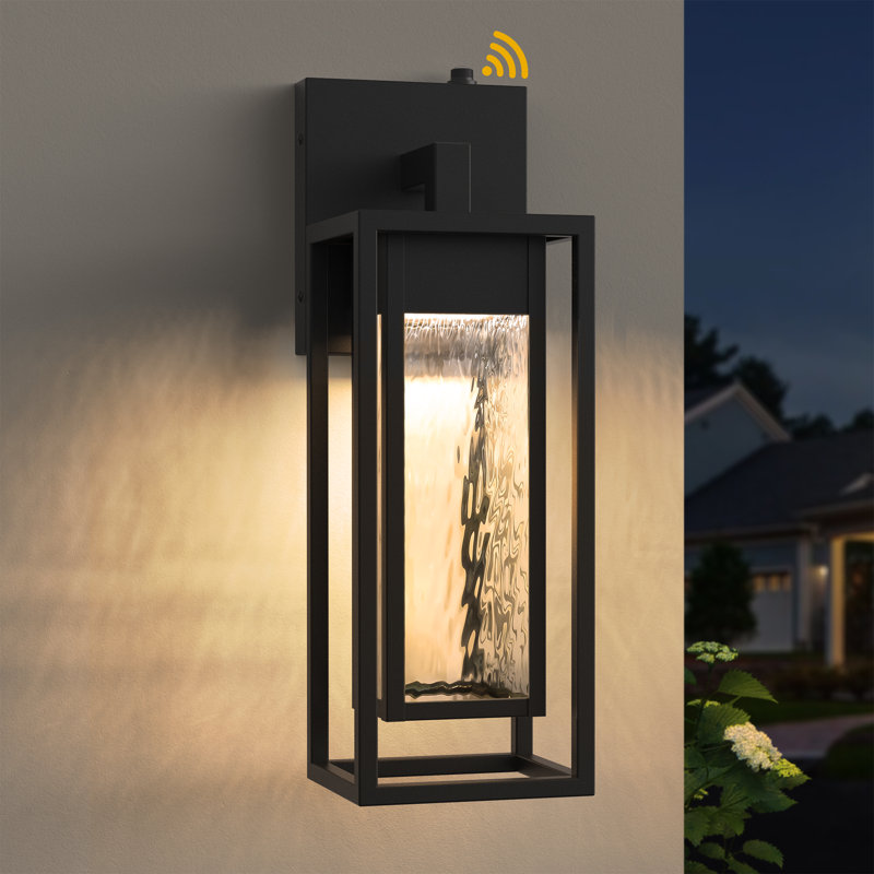 1 - Light 15''H Dimmable Led Black Iron and Water Ripple Glass Outdoor Wall Light with  Dusk to Dawn, 15" H x 5.31" W x 5" D