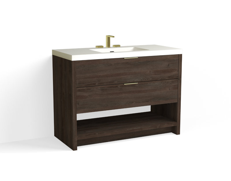 Vue 48" W Freestanding Single Bathroom Vanity, Nocino, Matte White/8" Widespread, Satin Brass