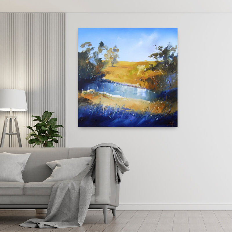 Winter Dam, art contemporain abstrait, paysage, 48" H x 48" W
