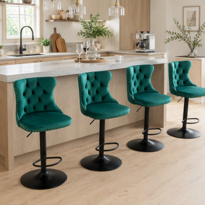 Tabourets de bar pivotants en velours à hauteur réglable de 25 à 33 pouces, base de 17,7 pouces, tabourets de bar rembourrés modernes avec dossier capitonné confortable pour un pub et un îlot de cuisine, vert, ensemble de 2, SW1812GN