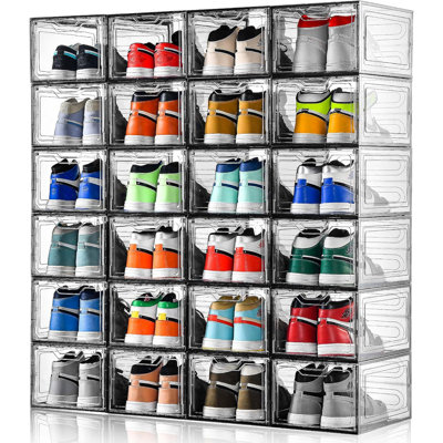 12 Pack Clear Shoe Storage Boxes With Magnetic Doors, Stackable Shoe Organizers For Sneakers, Easy Assembly, Transparent Display, Ventilation Design