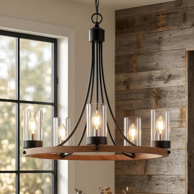5 - Light 26" Candle Style Wagon Wheel Matte Black Chandelier For Dining Room Or Living Room