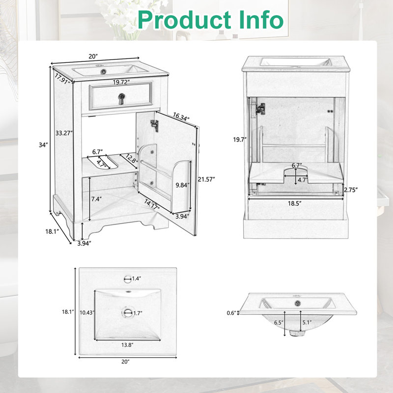 Meuble-lavabo de 20 po avec lavabo en céramique, tablette réglable, support de rangement fixé à la porte