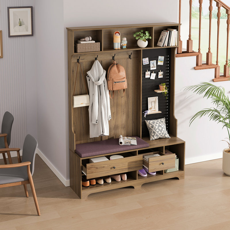 Arbre de couloir multi-usages avec banc d'entrée en lin rembourré amovible, portemanteau, tablettes de rangement et panneau perforé, pour les couloirs, le salon, le brun