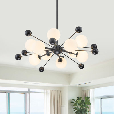 31.5" Sputnik Chandelier Matte Black 10-Light Milk Glass Globes Modern Living Dining Room Lighting