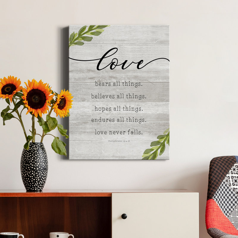 «Love Never Fails» par Natalie Carpentieri, reproduction d'art textuel sur toile tendue, H 32 po x l 24 po x P 1 po