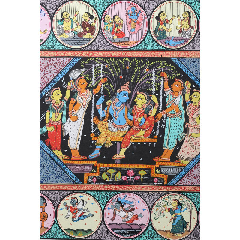 Radha Krishna with Gopis Pattachitra Painting on Cloth by Purna Chandra, 24" H x 40" W Odisha Folk Art Wall Decor