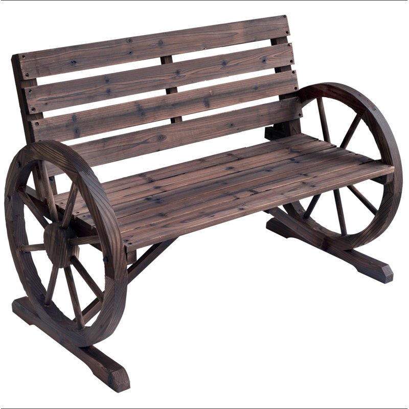 Banc de roue de chariot en bois Outsunny de 41 po, mobilier rustique d'extérieur résistant aux intempéries, banc à lattes pour 2 personnes avec dossier, carbonisé