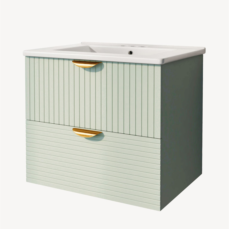 Meuble-lavabo mural 2 tiroirs en céramique avec tiroir, Vert