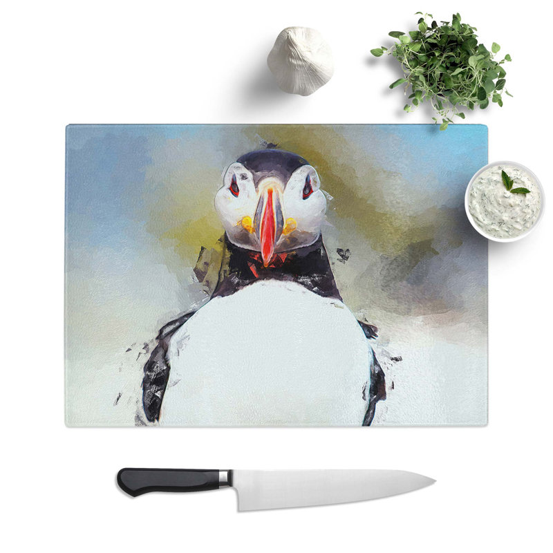 Glass Lone Atlantic Puffin in Abstract Chopping Board, 39 cm W x 28.5 cm L