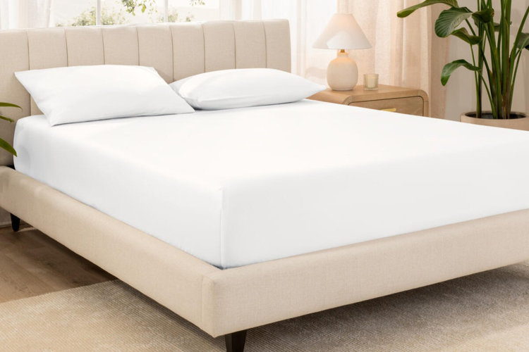 bed with a white fitted sheet neatly covering a mattress on an upholstered frame