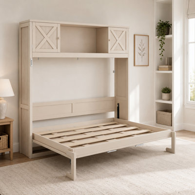 Beige full size murphy wall bed with overhead storage cabinet multi functional vertical folding bedroom furniture