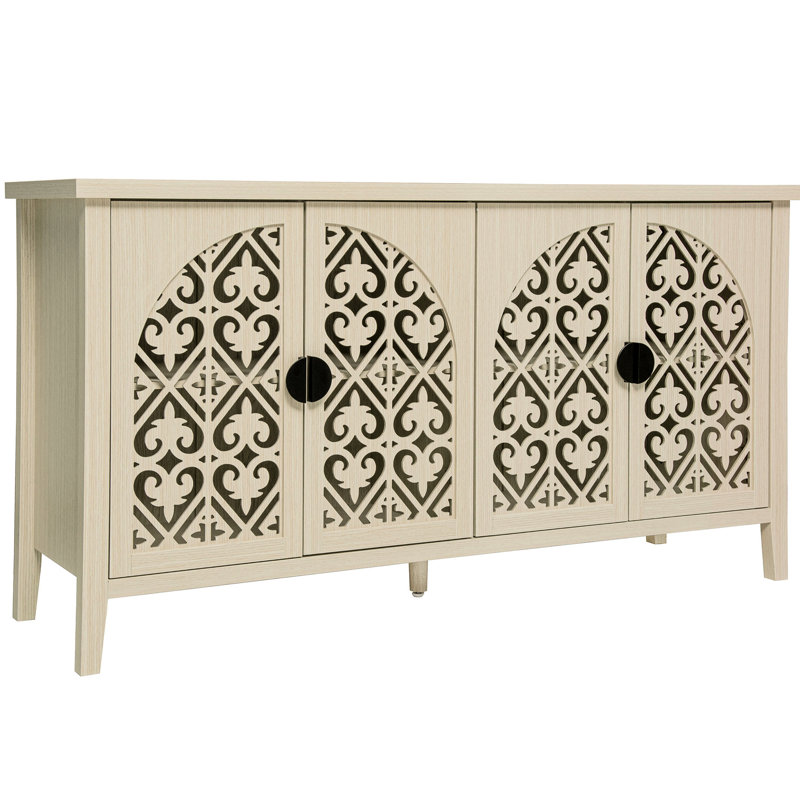 Armoire creuse avec 4 portes pour la chambre à coucher, le salon ou le bureau, motif d'attraction symétrique sur les panneaux de porte, poignées rondes en métal au toucher doux, pieds en bois massif, bon support, mur verrouillable