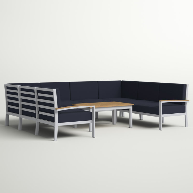 Travira 7-Piece Modular Seating Set and Table, Midnight Blue, Tekwood Natural