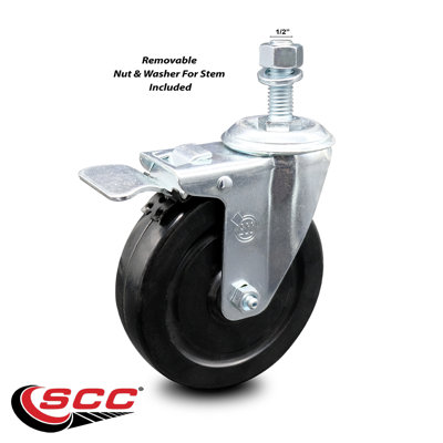 5 Inch Hard Rubber Wheel Swivel ½ Inch Threaded Stem Caster Total Lock Brake SCC