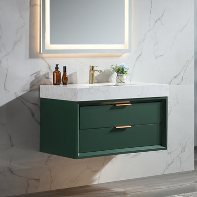 Meuble-lavabo mural moderne en bois massif 36 po avec comptoir en pierre et lumière DEL 36 po
