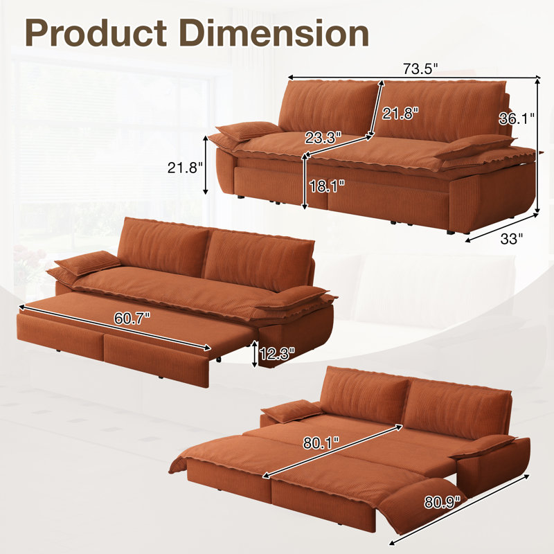 73.5" Convertible Sleeper Sofa Loveseat Chaise 3 In 1 Corduroy Pull Out Couch Bed With Pillows, Orange Corduroy 