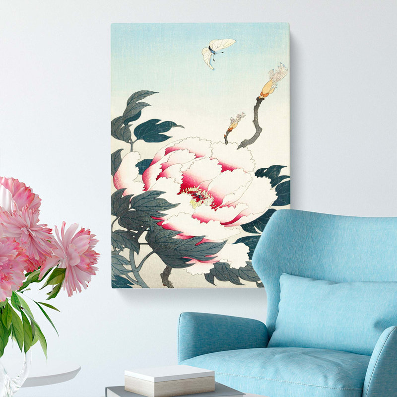 Peony with Butterfly by Ohara Koson - Wrapped Canvas Art - Wrapped Canvas, 60cm H x 40cm W x 3cm D