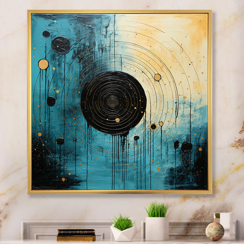 Sarcelle et noir Minimalisme lune I - impression sur toile tendue, H 16 po x l 16 po x P 1 po, Cadre flottant doré