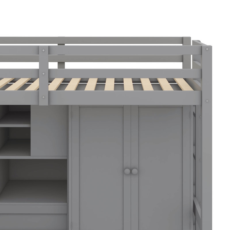 Lit superposé simple équipé d'un lit relevable hydraulique, d'une armoire, d'unités de rangement et de tiroirs, Gris