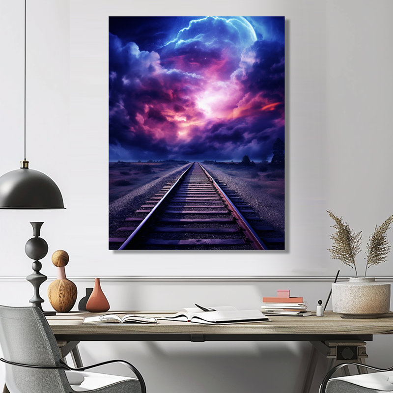 Lavande, train, rails, fuchsia, coucher de soleil I - train, art mural, H 32 po x l 16 po x P 1 po, Toile tendue