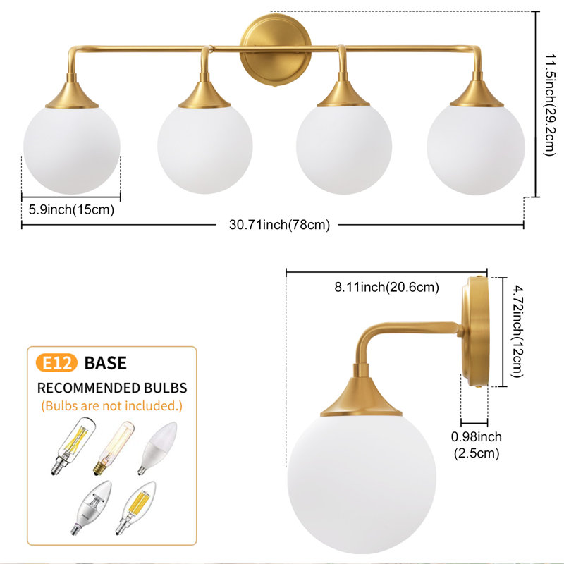 Luminaire de salle de bain à intensité variable avec abat-jour en verre opale lait 5,9 po Romale, Doré, 4