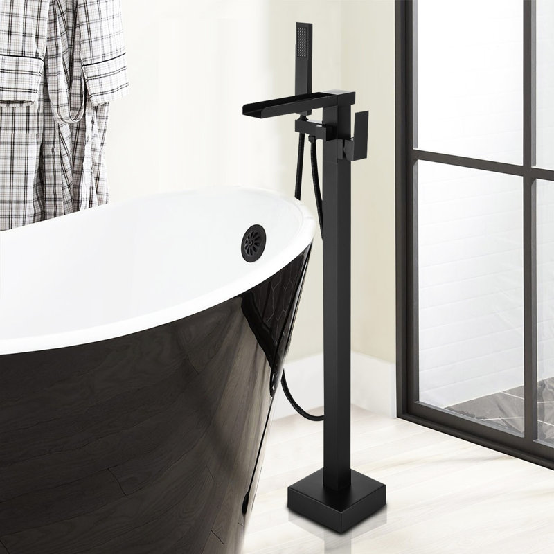 Robinet de baignoire noir mat moderne avec douche à main - poignée simple, bec cascade, débit de 6 gallons par minute, corrosion, poignée noire facile à installer, quincaillerie de fixation