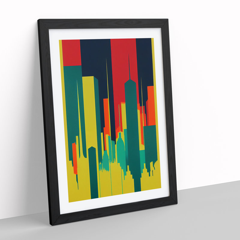 Illuminated City Skyline Abstract - Wall Art, Black Framed, 64cm H x 46cm W x 2cm D