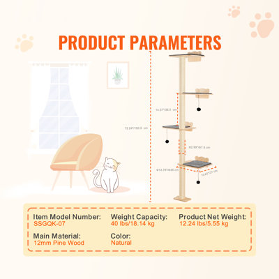 Arbre à chat 4 étages, ensemble de meubles muraux pour chat avec 4 planches à sauter, tablette flottante murale pour chat jusqu'à 40 lb, perchoir pour chat en bois de pin de 12 mm pour dormir, jouer et grimper