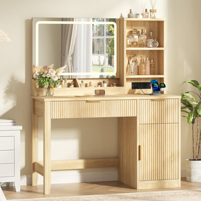 Fluted Makeup Vanity Desk with LED Lighted Mirror, 2 Drawers, Cabinet, Shelves and Charging Station for Bedroom