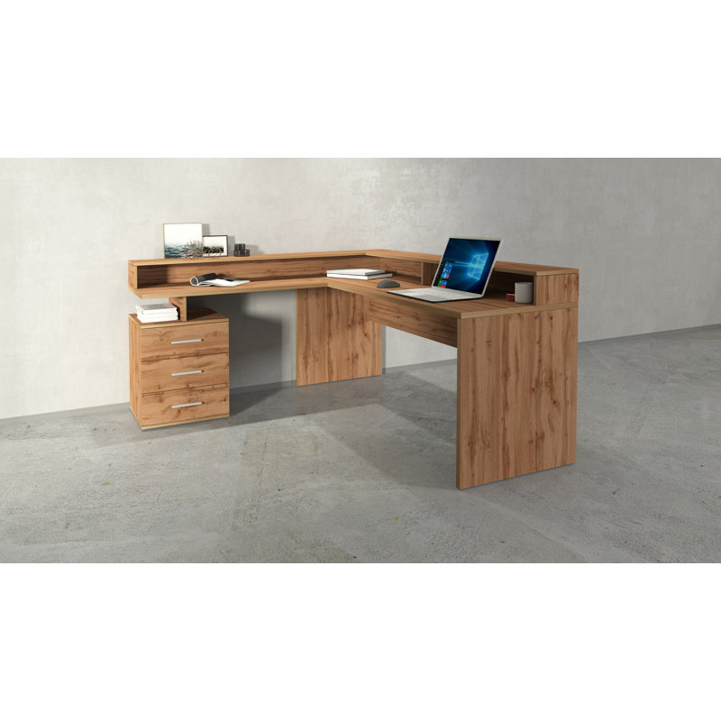 Basim L-Shaped Computer Desk, Brown