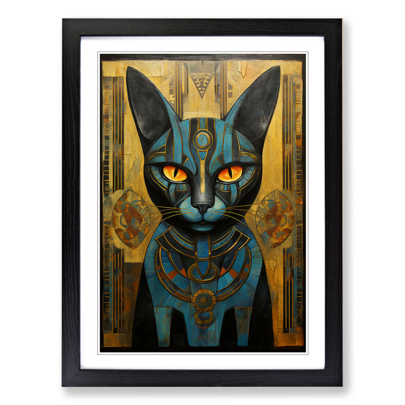 XYZ-FRM-V1223-596 Egyptian Cat Art Deco - Single Picture Frame Print on Wood, 46cm H x 34cm W x 2cm D, Black