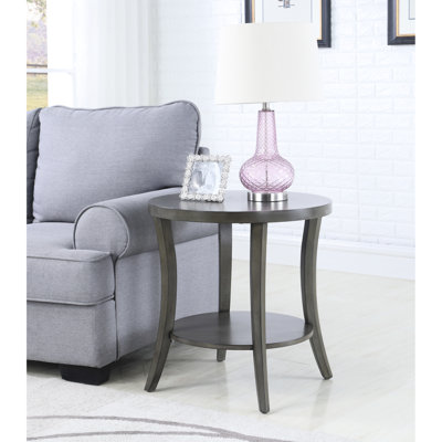 Table d'appoint contemporaine avec tablette ovale grise en placage de bois, spacieuse et élégante.