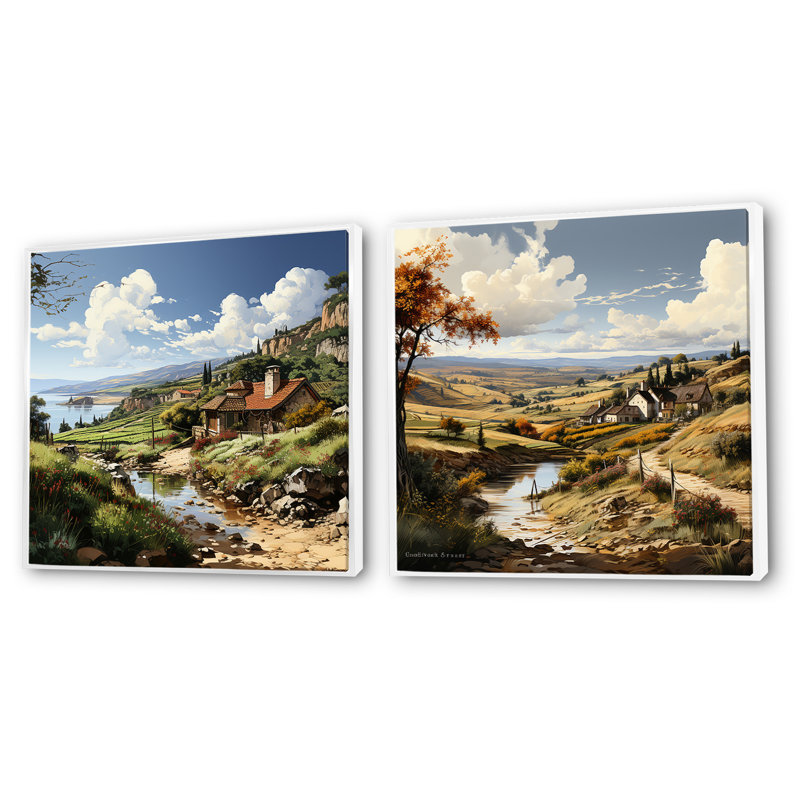 «Vineyard Charm Landscape», ensemble de 2 collages carrés Vineyard, Cadre flottant blanc, H 16 po x l 33 po