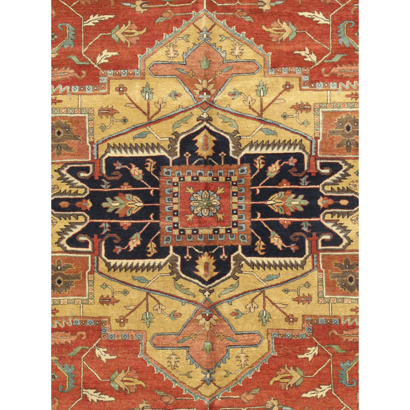 Tapis oriental en laine noué à la main bleu / orange / noir Serapi, Rectangle 12 pi x 15 pi