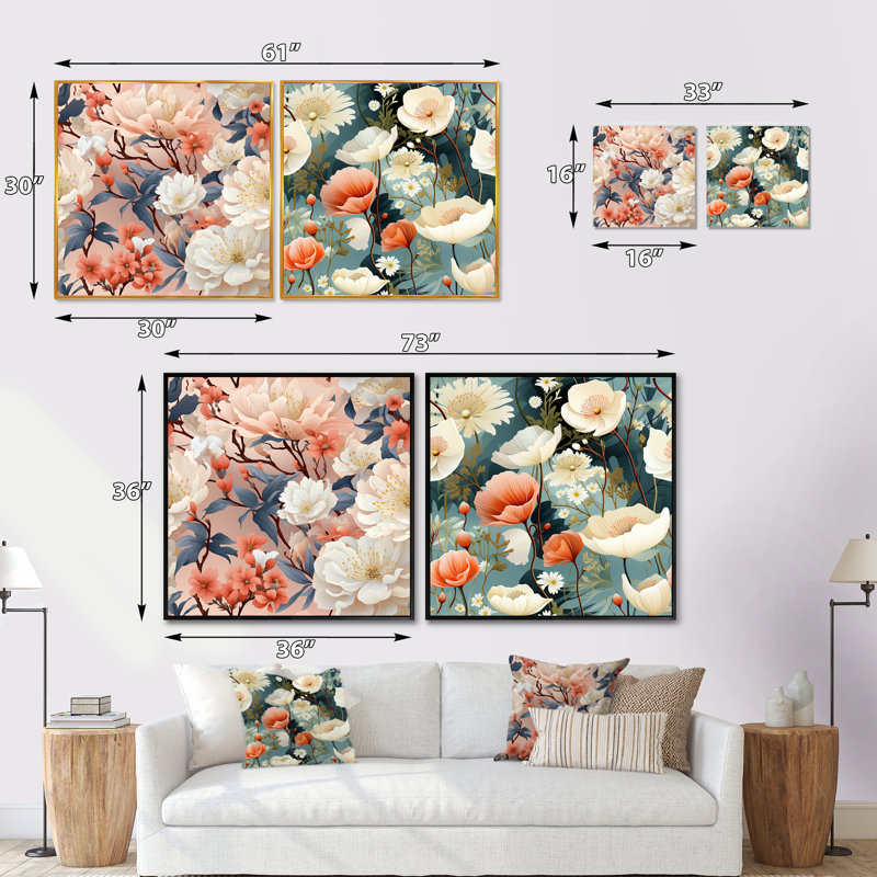 Herblay - Ensemble de 2 collages carrés floraux, Cadre flottant brun, H 30 po x l 61 po
