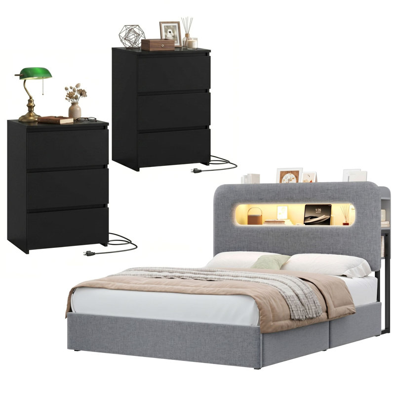 Ensemble de chambre à coucher rembourrée avec rangement 3 pièces, Lit double, Gris