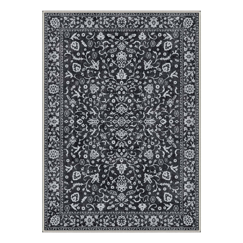Tapis noir / blanc à motif floral lavable à la machine Novara, Noir, Rectangulaire 8 pi x 10 pi