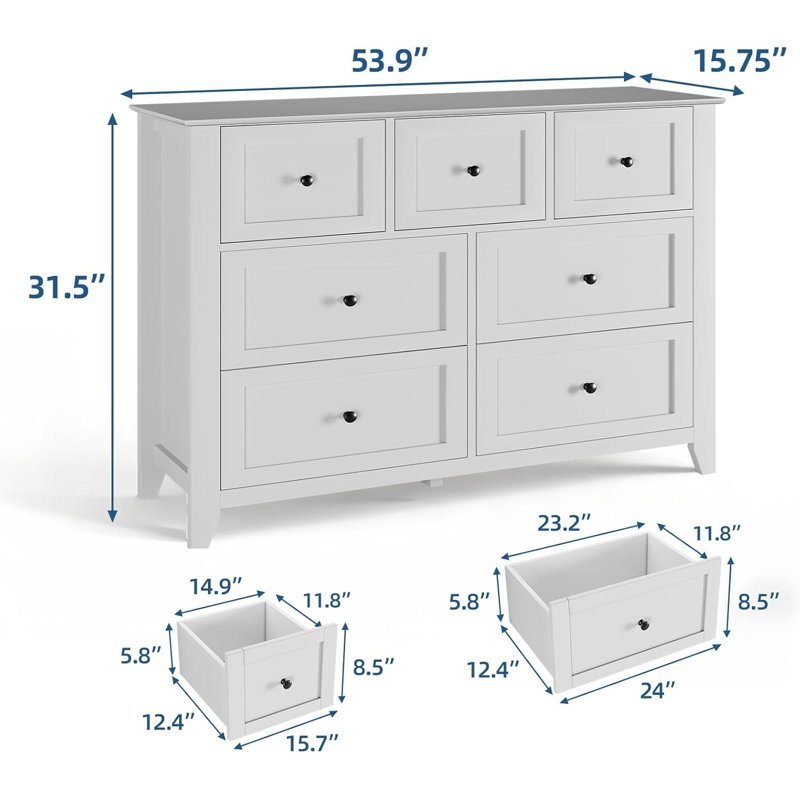 White Painted 7-Drawer Dresser, 2-Piece Large Size Storage Cabinet with Smooth Slides and Inclined Base Design